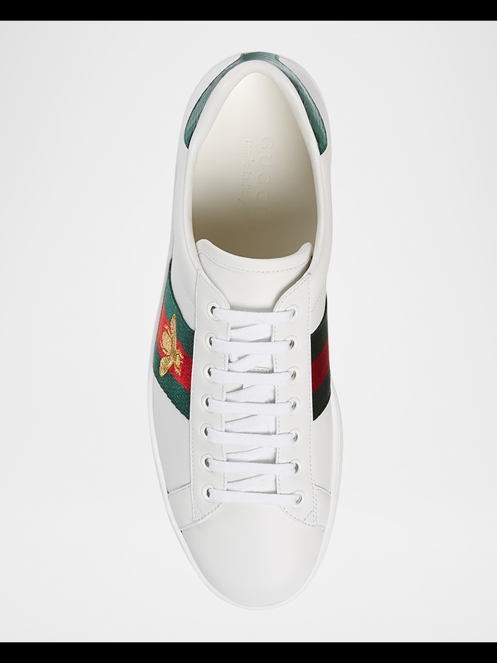 Gucci Men’s White Leather Ace Sneaker with Green-Red Web and Bee - Picture 4 of 16